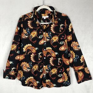 CHICOS Top Sz 2 (12) L Black Paisley Stretch Cotton Fold Cuff Button Up‎ Classic